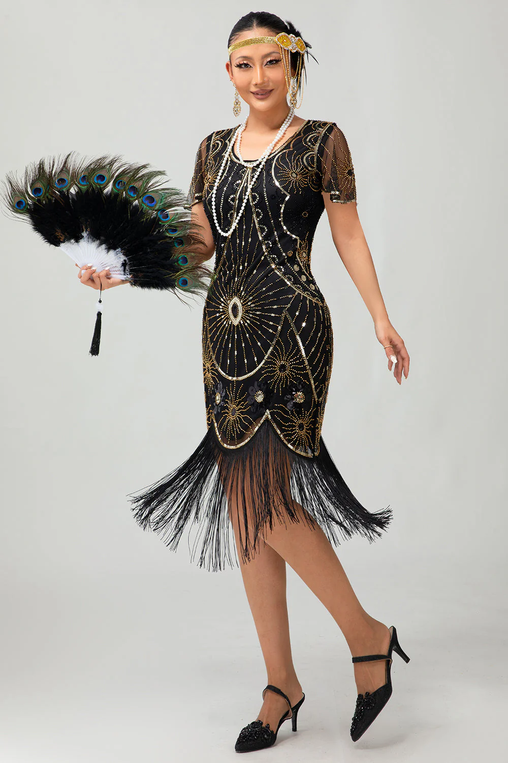 Gatsby Black Red Scoop Fringed Bodycon1920s Dress with Sequins - Image 9