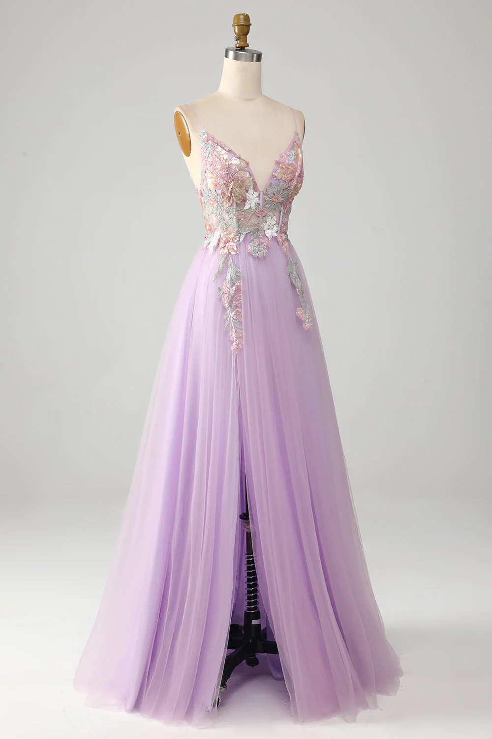Glitter A-Line Spaghetti Straps Lilac Long Prom Dress with Flowers - Image 3