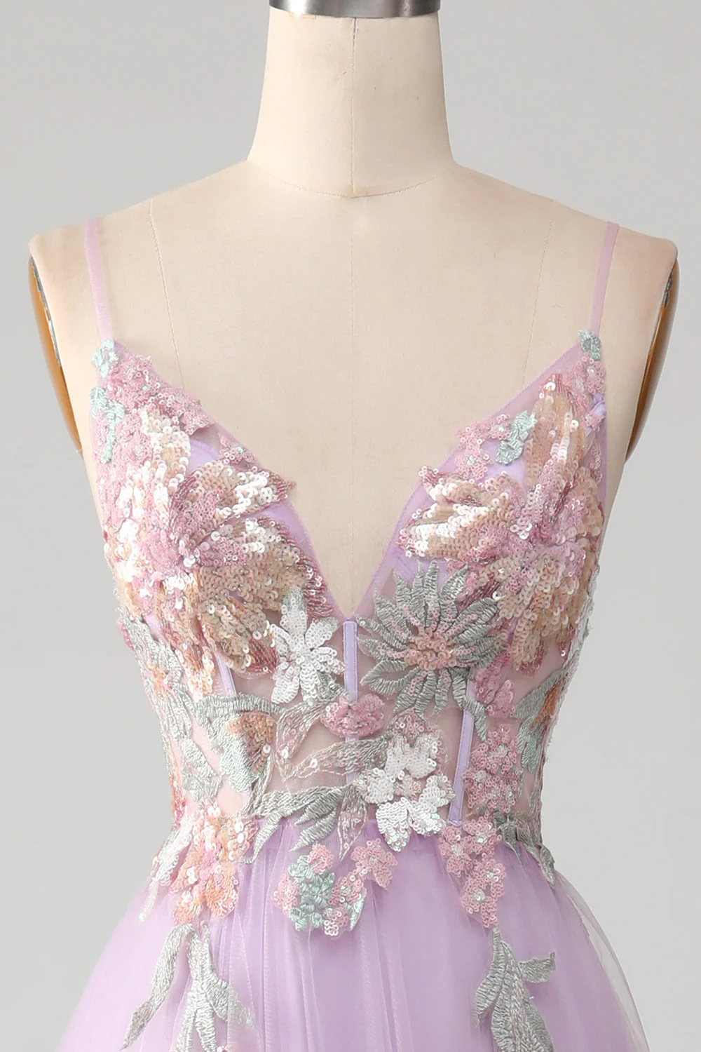 Glitter A-Line Spaghetti Straps Lilac Long Prom Dress with Flowers - Image 4