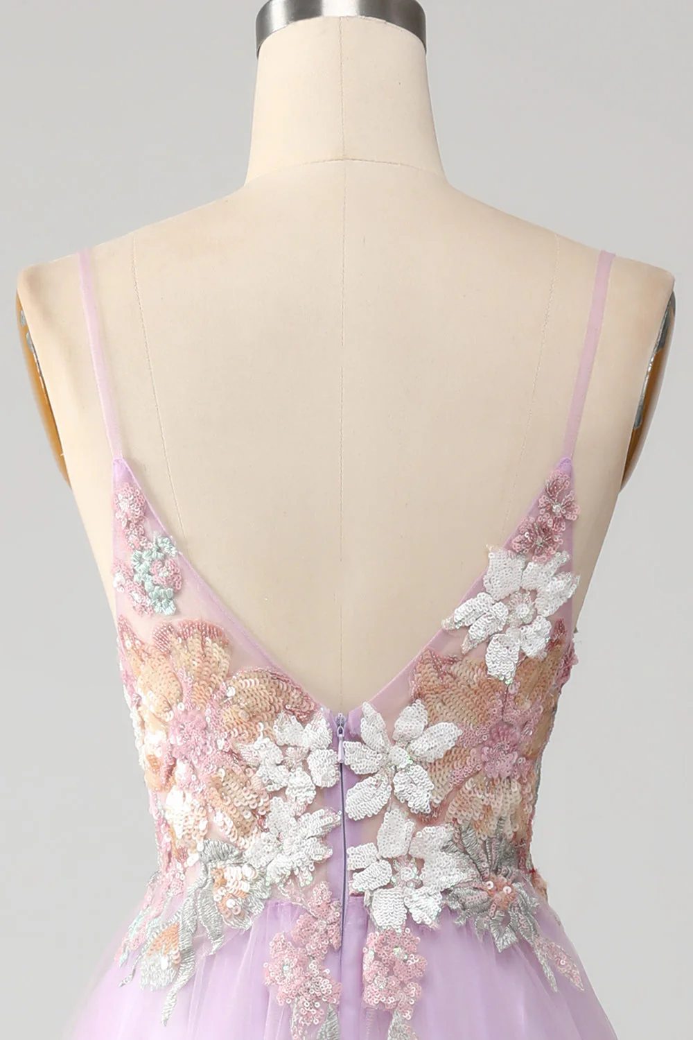Glitter A-Line Spaghetti Straps Lilac Long Prom Dress with Flowers - Image 5
