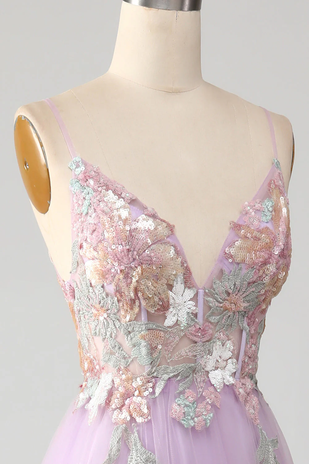 Glitter A-Line Spaghetti Straps Lilac Long Prom Dress with Flowers - Image 6