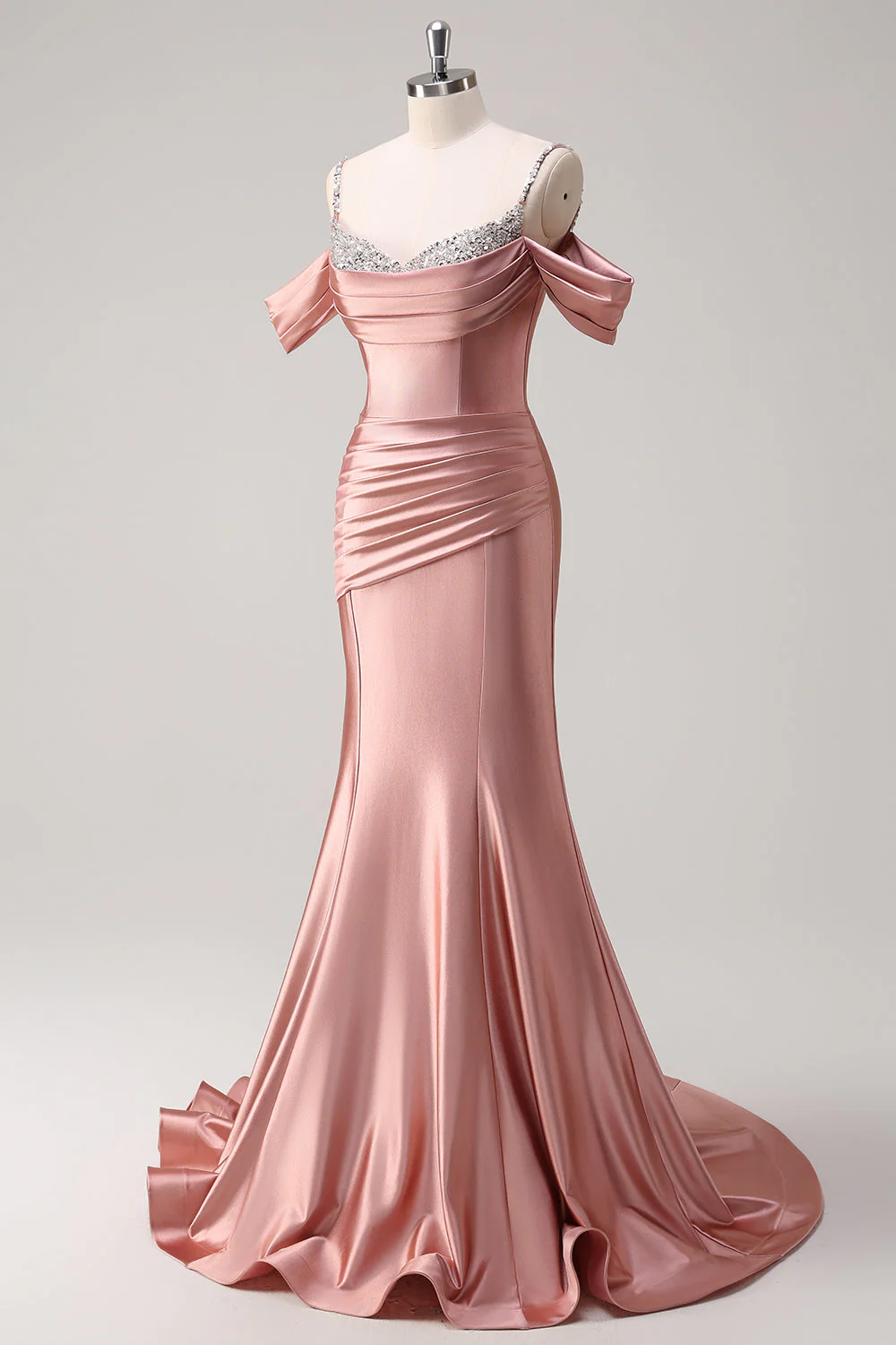 Glitter Blush Mermaid Beaded Cold Shoulder Long Prom Dress - Image 3