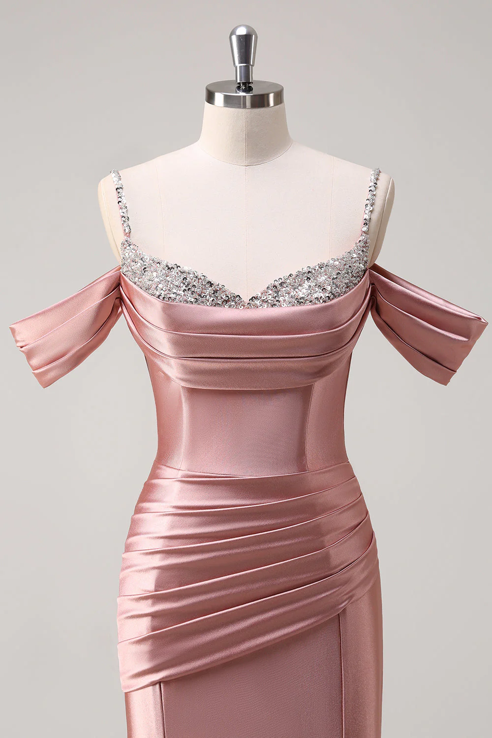 Glitter Blush Mermaid Beaded Cold Shoulder Long Prom Dress - Image 4