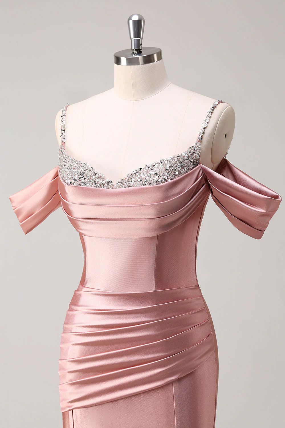 Glitter Blush Mermaid Beaded Cold Shoulder Long Prom Dress - Image 6