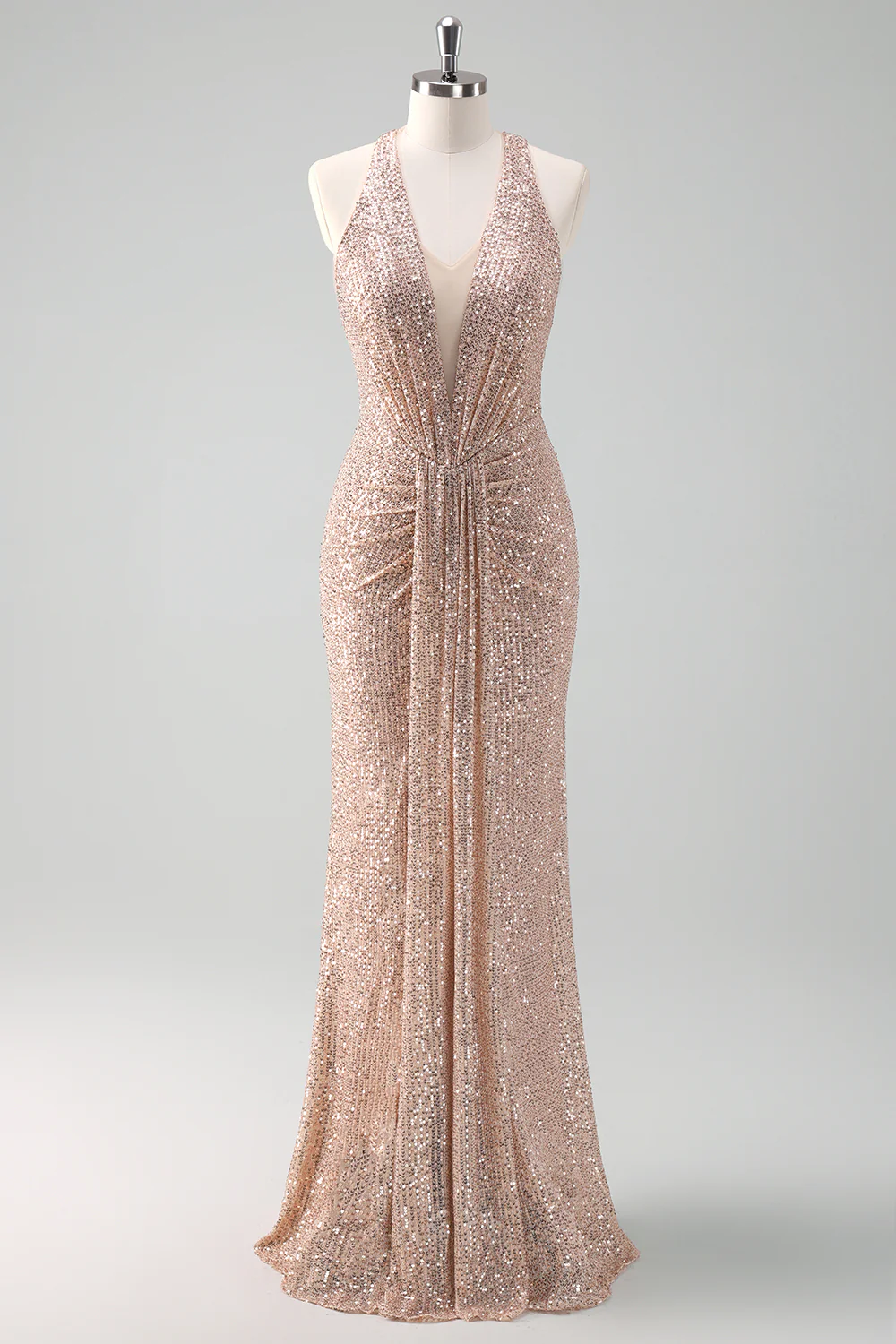 Glitter Blush Mermaid Halter Backless Long Prom Dress - Image 3
