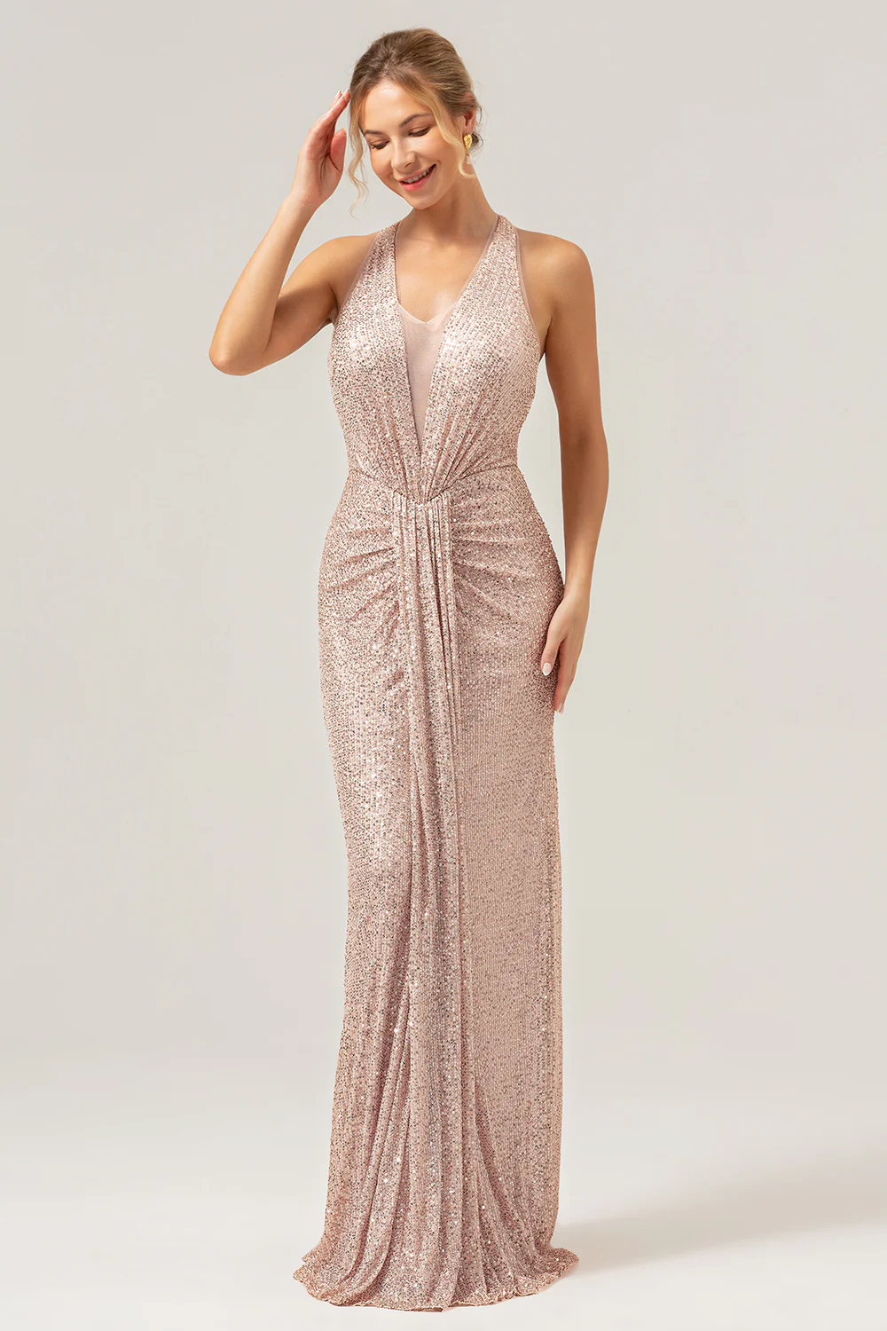 Glitter Blush Mermaid Halter Backless Long Prom Dress - Image 5