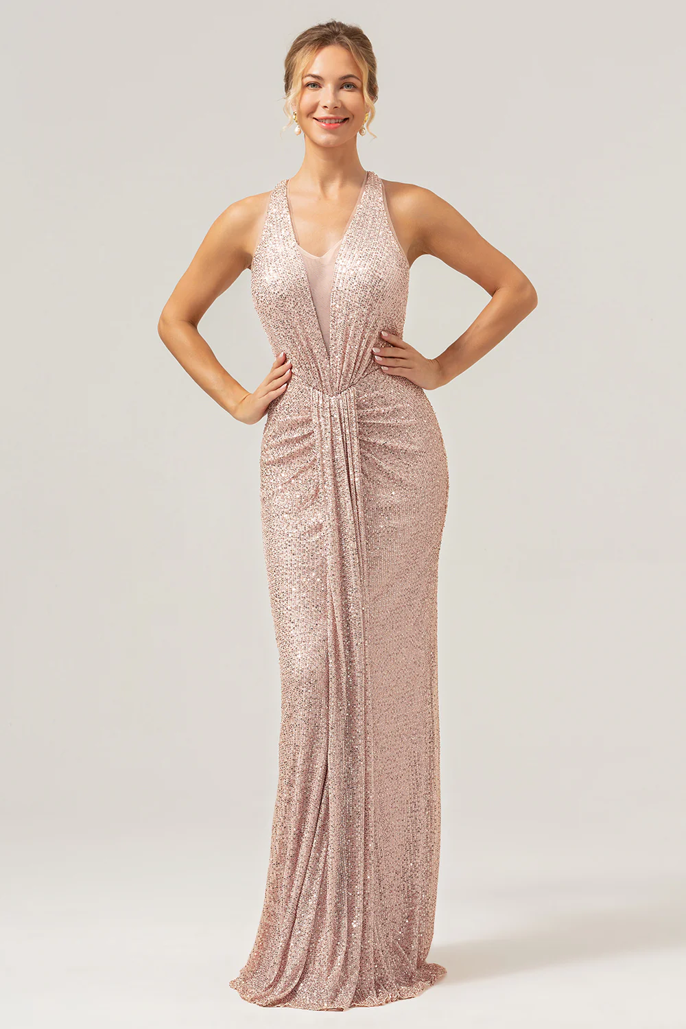 Glitter Blush Mermaid Halter Backless Long Prom Dress - Image 6