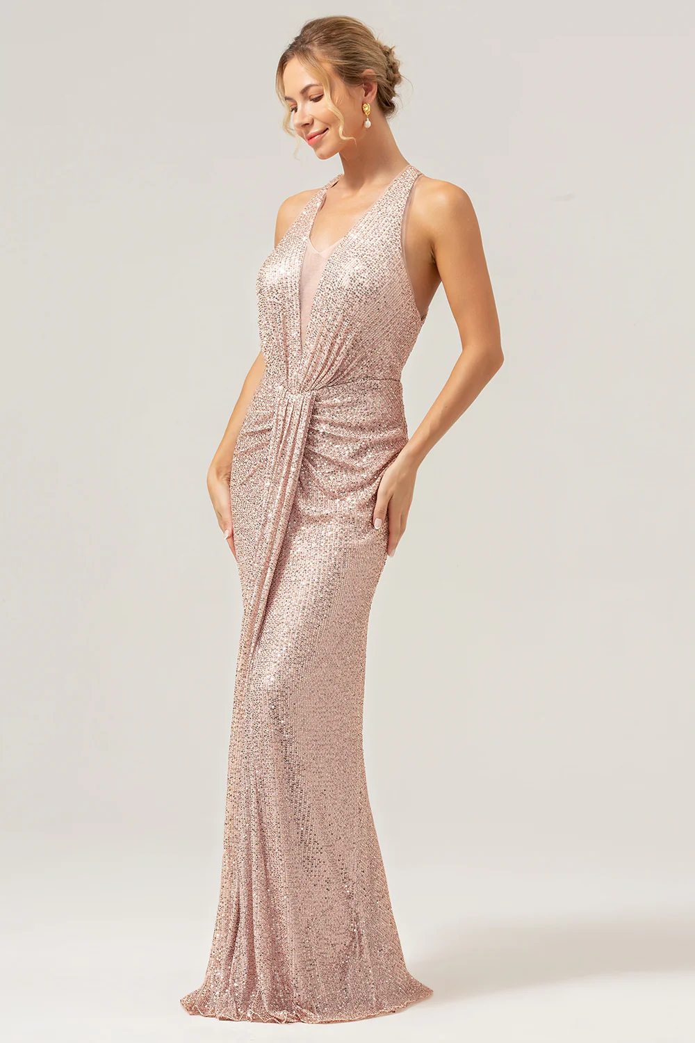 Glitter Blush Mermaid Halter Backless Long Prom Dress - Image 7
