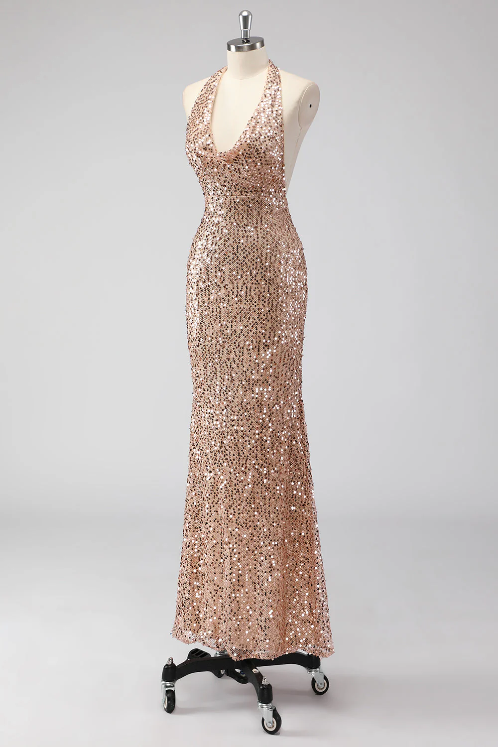 Glitter Champagne Mermaid Halter Open Back Long Prom Dress with Sequins - Image 3