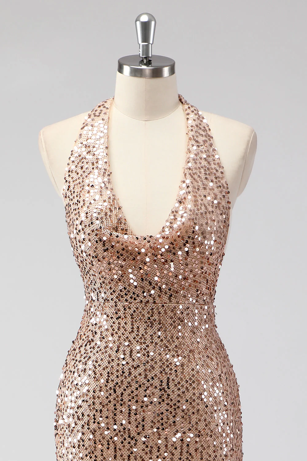 Glitter Champagne Mermaid Halter Open Back Long Prom Dress with Sequins - Image 4
