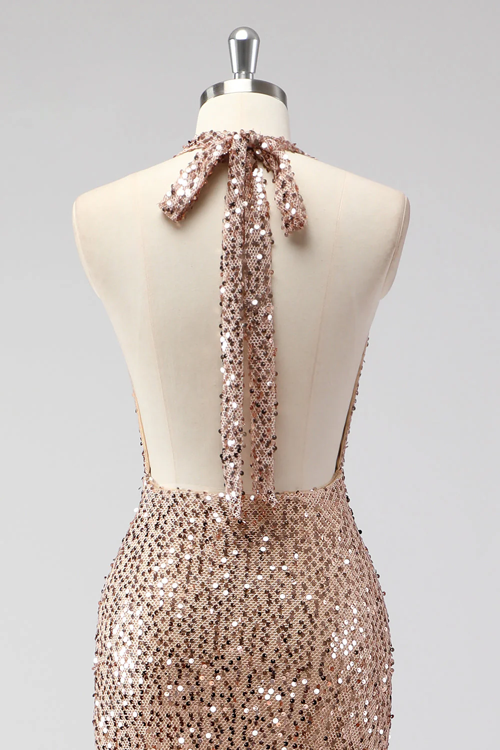 Glitter Champagne Mermaid Halter Open Back Long Prom Dress with Sequins - Image 5