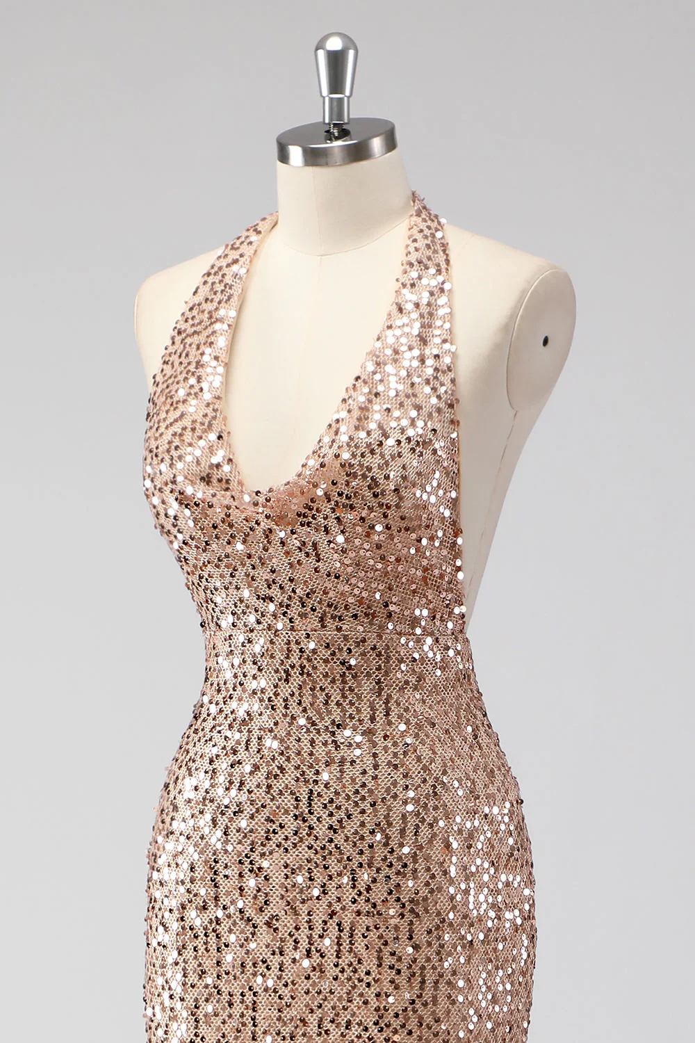 Glitter Champagne Mermaid Halter Open Back Long Prom Dress with Sequins - Image 6