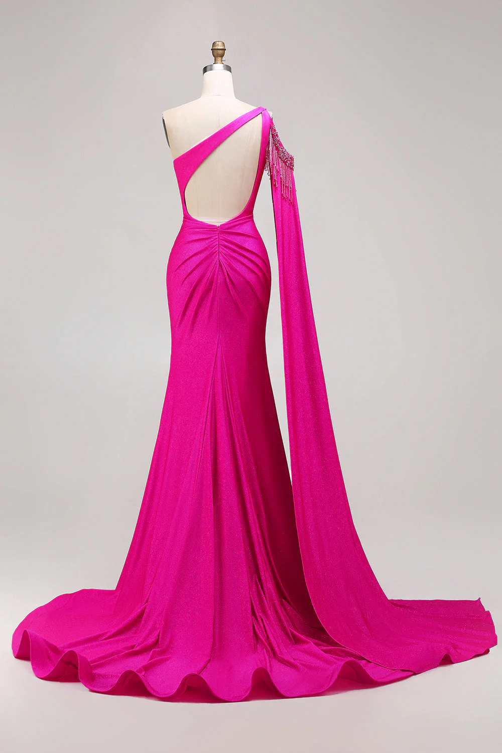 Glitter Fuchsia Mermaid One Shoulder Beaded Ruched Long Prom Dress with Slit - Image 2
