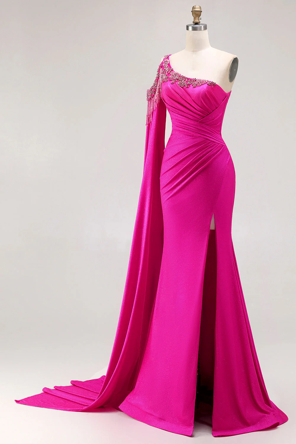 Glitter Fuchsia Mermaid One Shoulder Beaded Ruched Long Prom Dress with Slit - Image 3