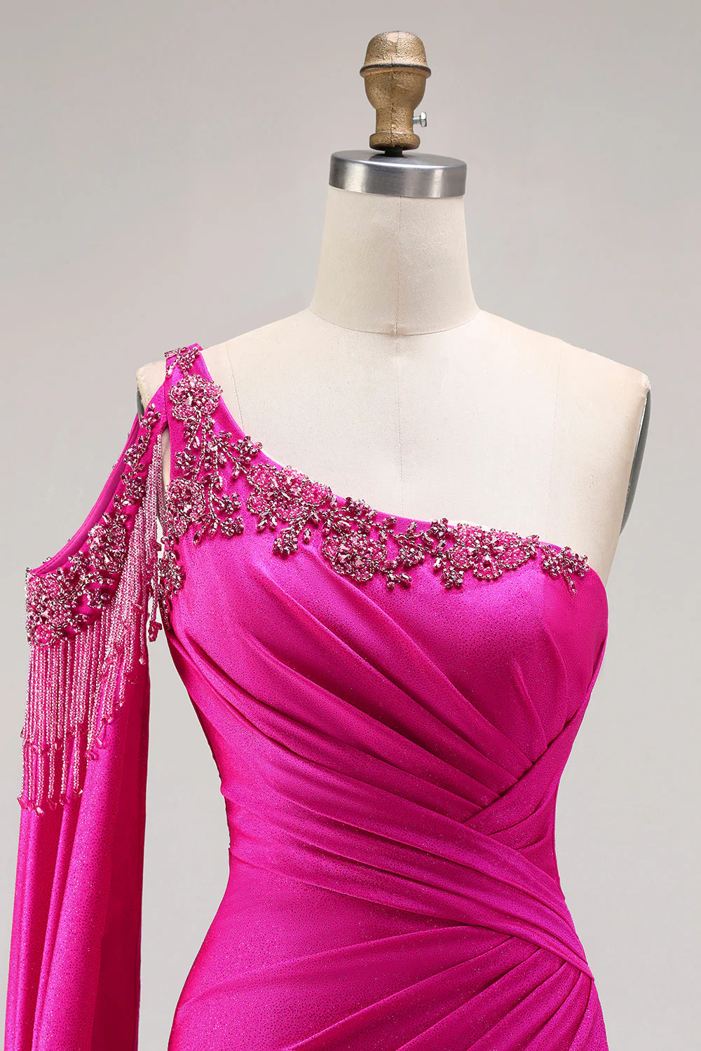 Glitter Fuchsia Mermaid One Shoulder Beaded Ruched Long Prom Dress with Slit - Image 4