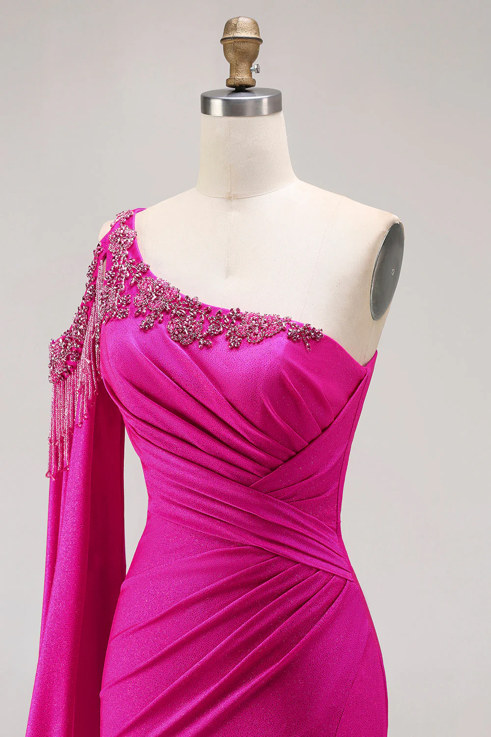 Glitter Fuchsia Mermaid One Shoulder Beaded Ruched Long Prom Dress with Slit - Image 5