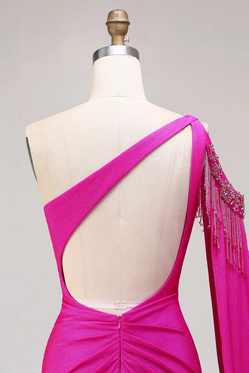 Glitter Fuchsia Mermaid One Shoulder Beaded Ruched Long Prom Dress with Slit - Image 6
