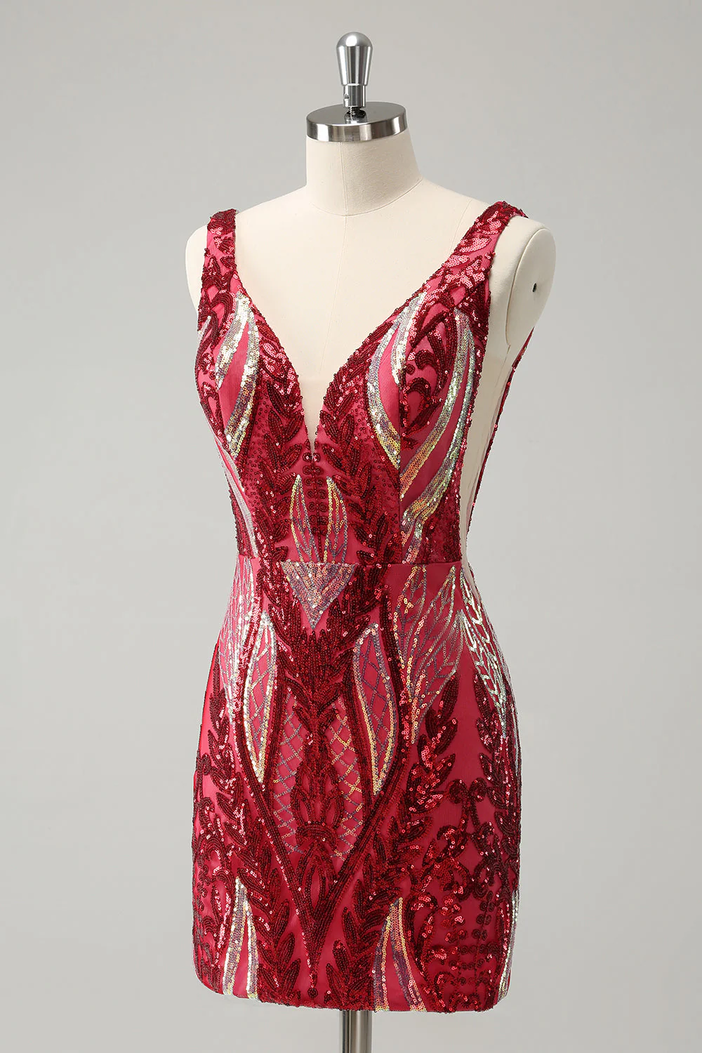 Glitter Fuchsia V Neck Tight Backless Short Graduation Dress with Sequins - Image 5