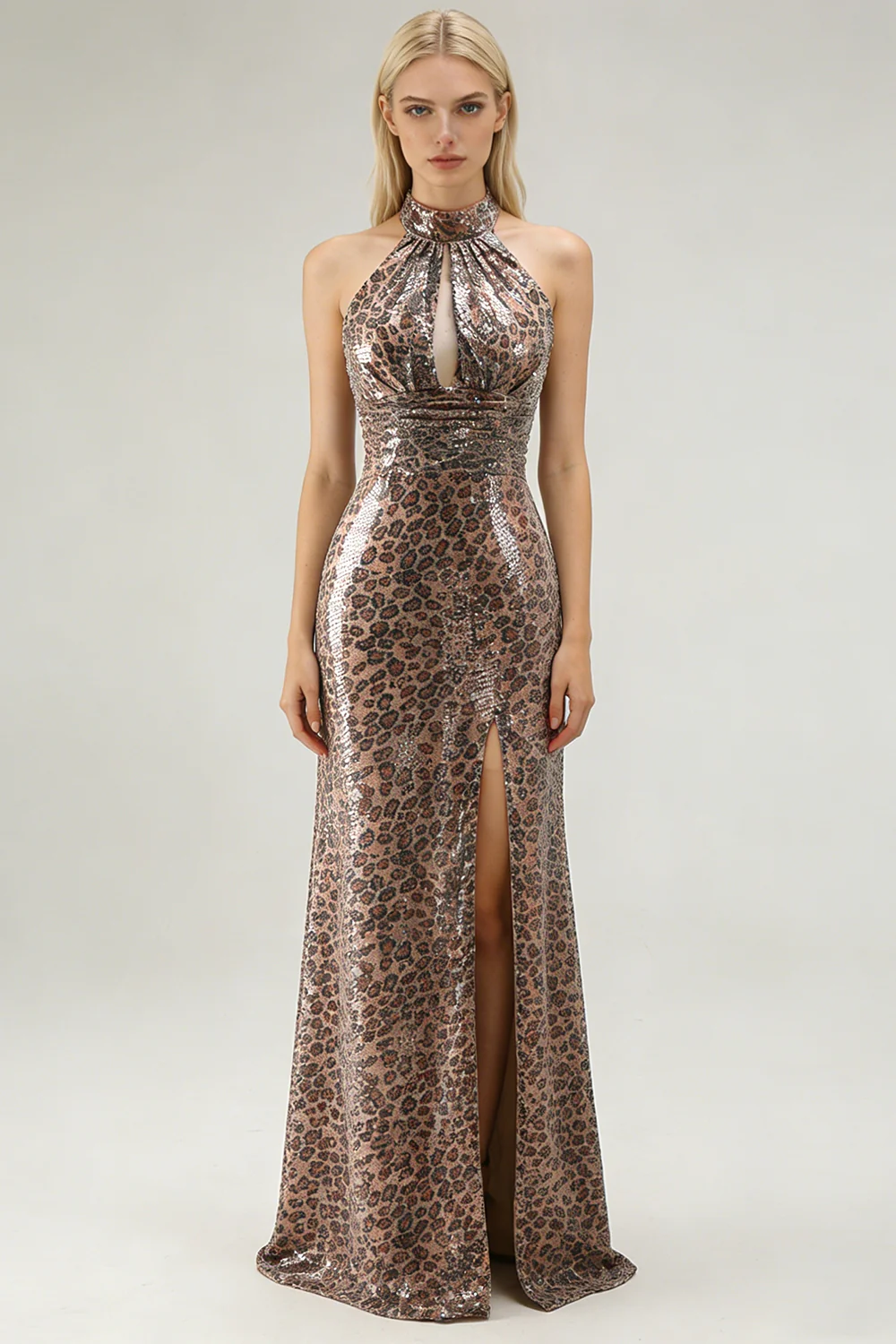 Glitter Golden Leopard Mermaid Halter Long Prom Dress with Slit - Image 3