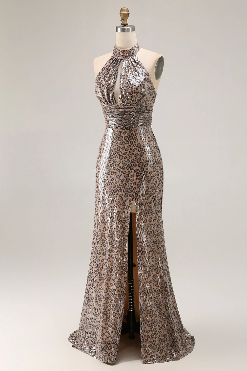 Glitter Golden Leopard Mermaid Halter Long Prom Dress with Slit - Image 5