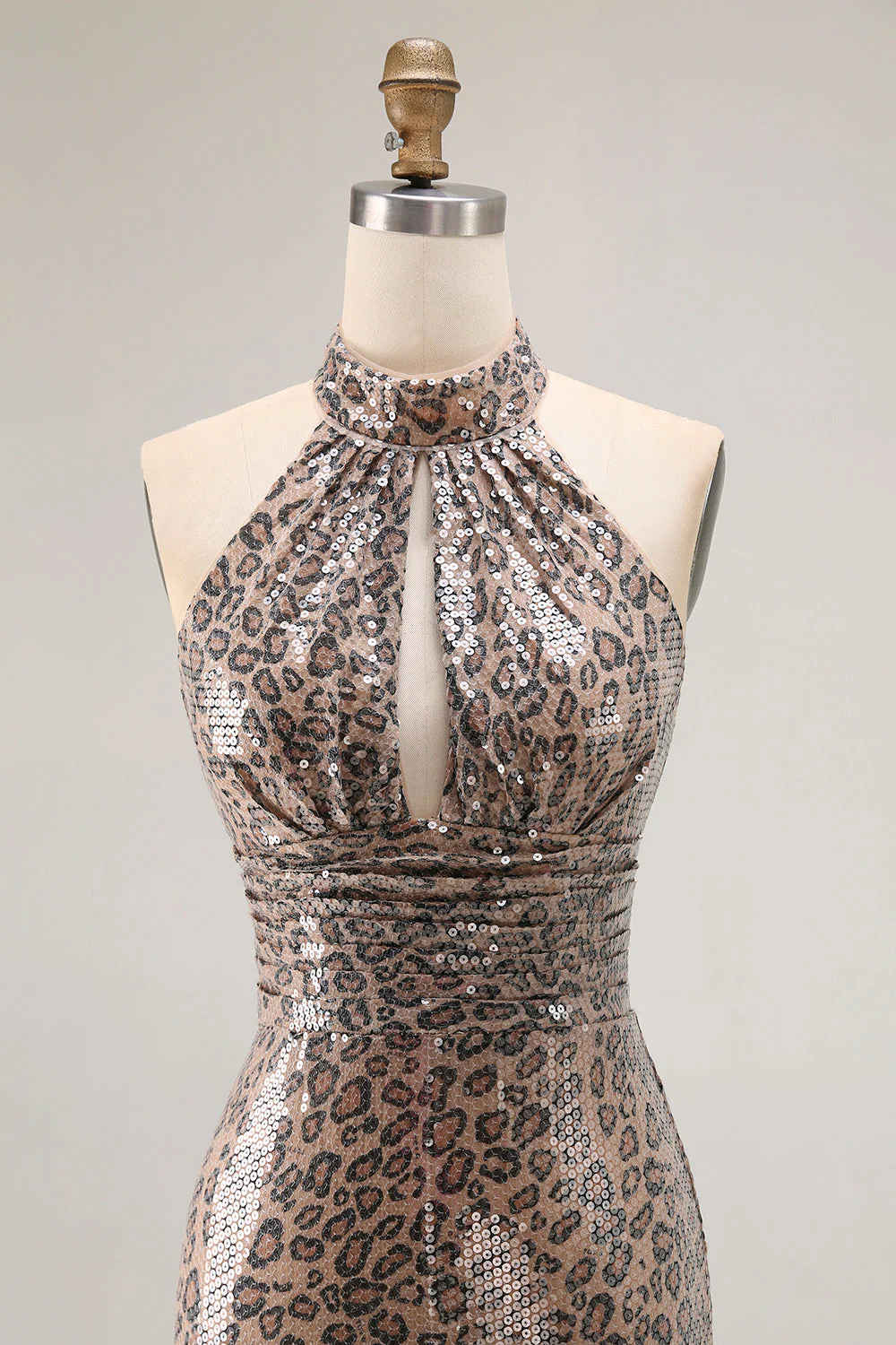 Glitter Golden Leopard Mermaid Halter Long Prom Dress with Slit - Image 6
