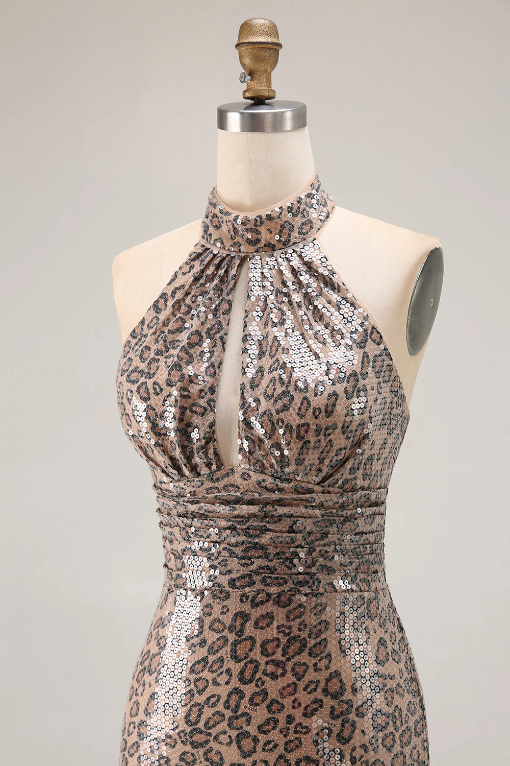 Glitter Golden Leopard Mermaid Halter Long Prom Dress with Slit - Image 8