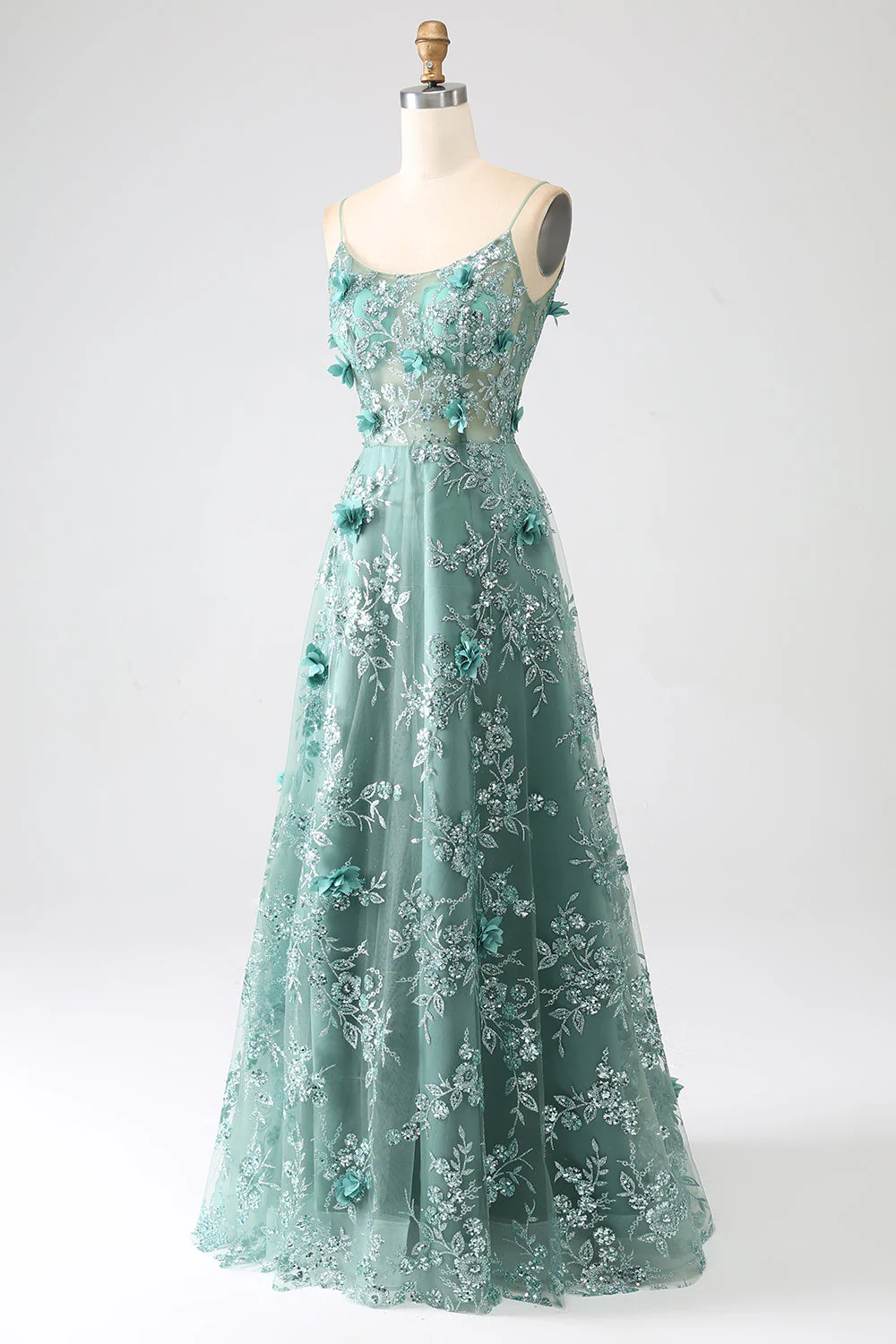 Glitter Grey Green Lace Flower Long Corset Prom Dress - Image 3