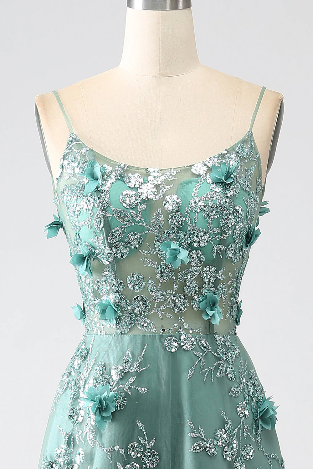 Glitter Grey Green Lace Flower Long Corset Prom Dress - Image 4