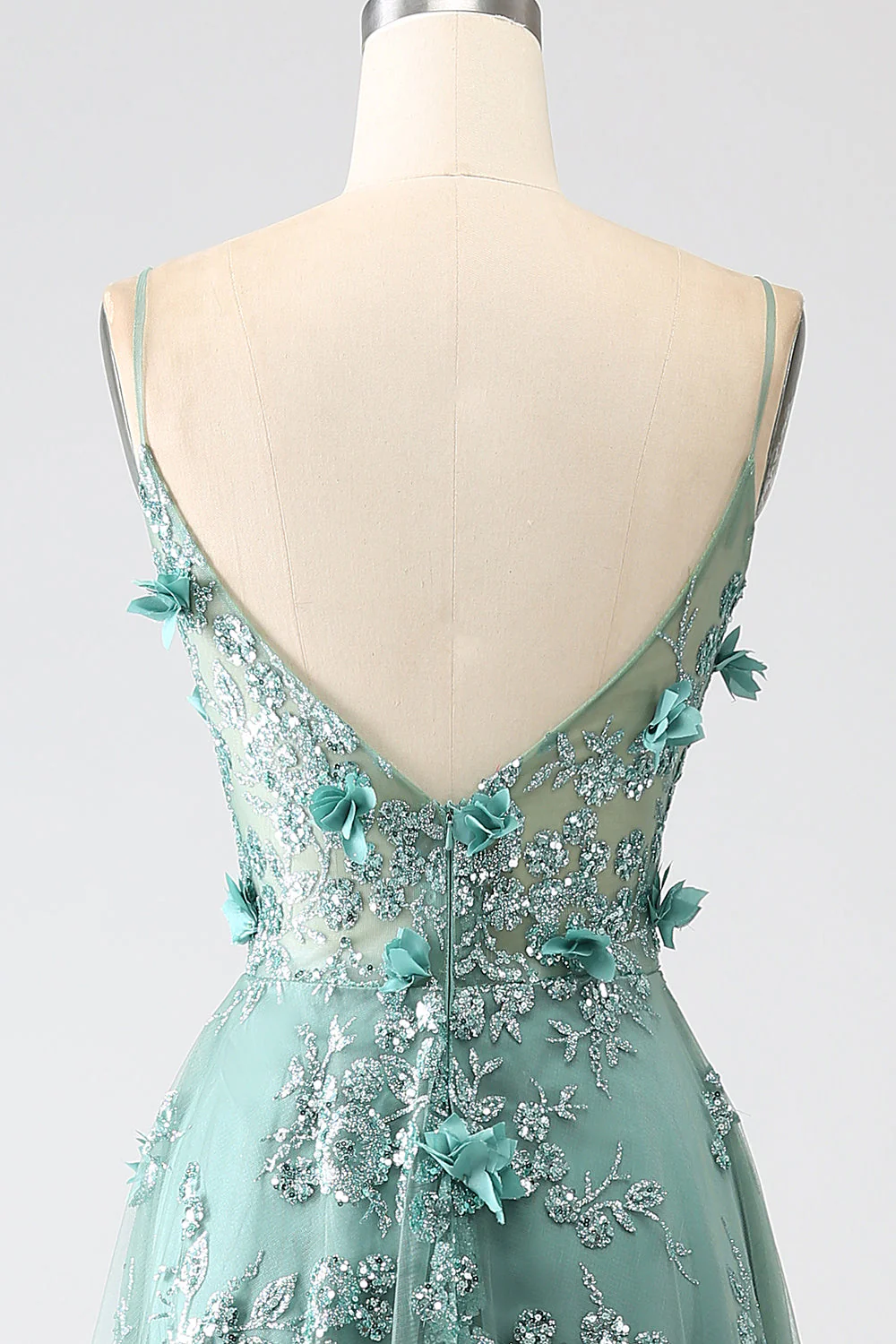 Glitter Grey Green Lace Flower Long Corset Prom Dress - Image 5