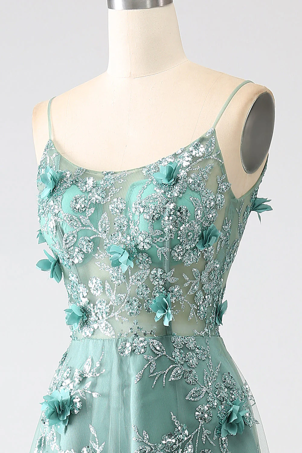 Glitter Grey Green Lace Flower Long Corset Prom Dress - Image 6