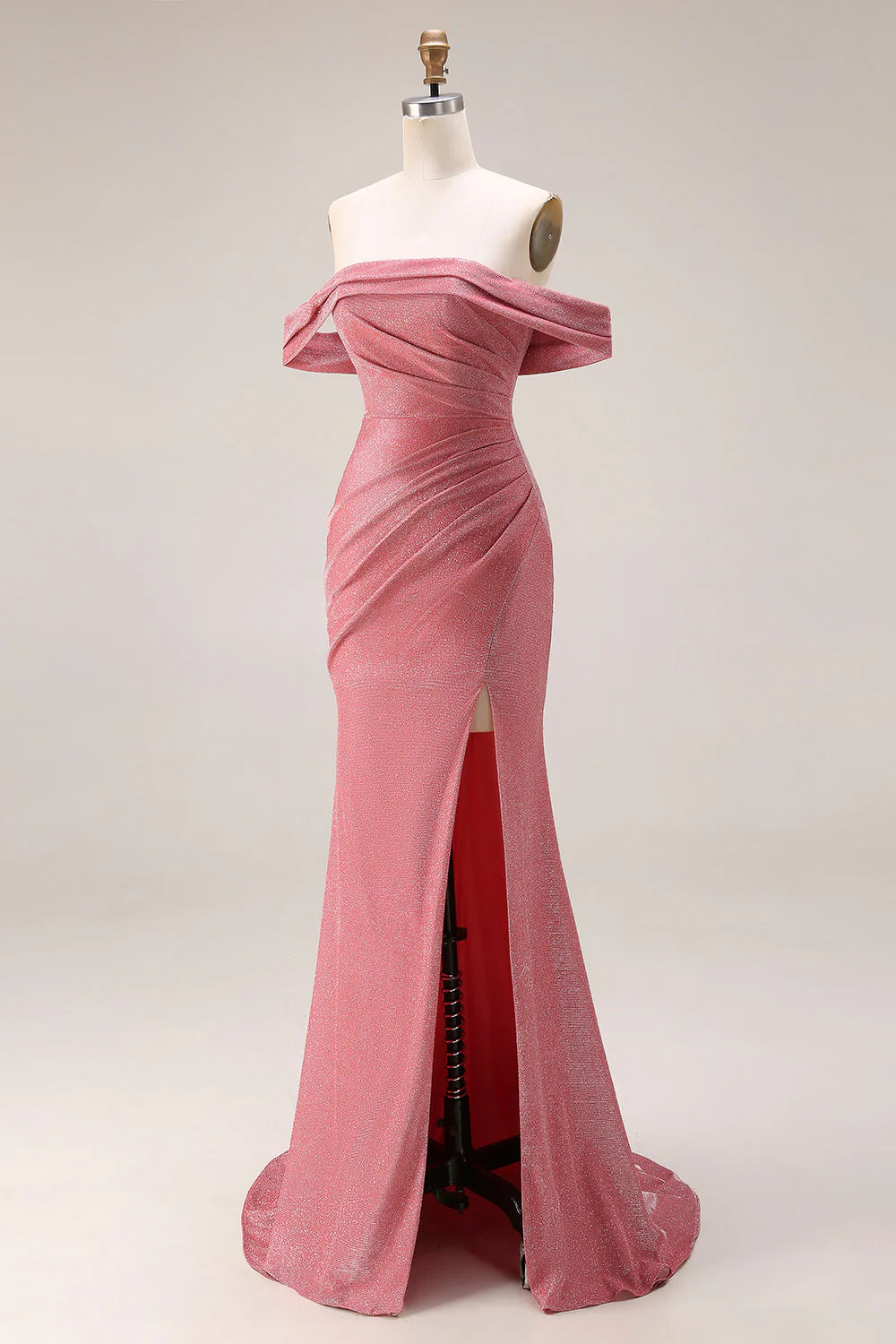 Glitter Mermaid Off The Shoulder Ruched Long Prom Dress with Slit - Image 3