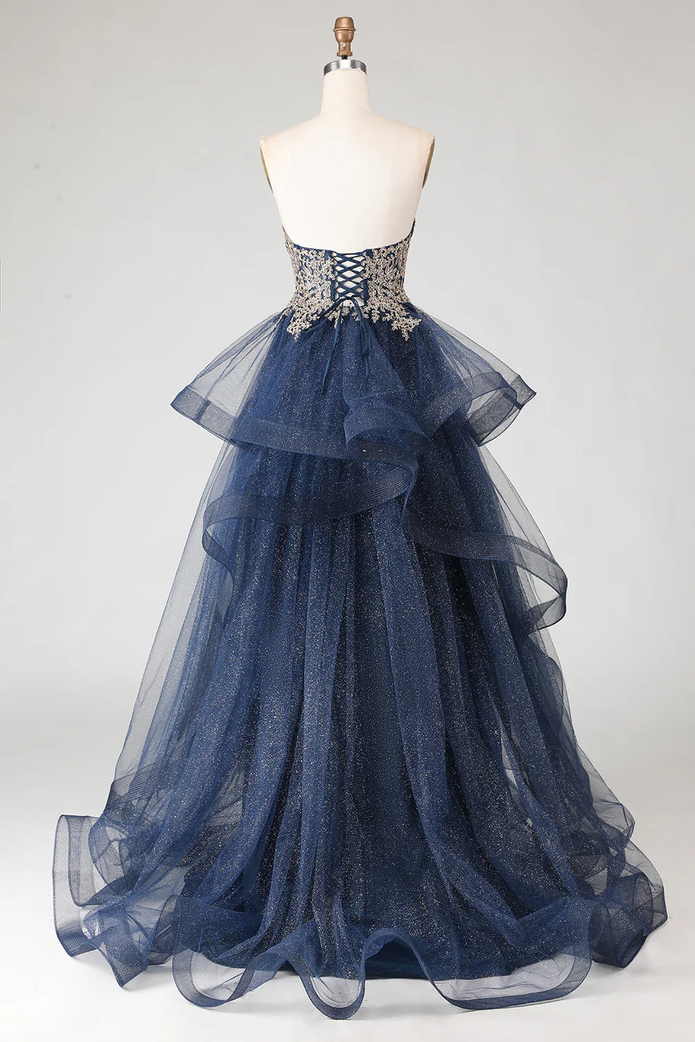 Glitter Navy A Line Strapless Applique Long Prom Dress with Spiral Ruffles - Image 2