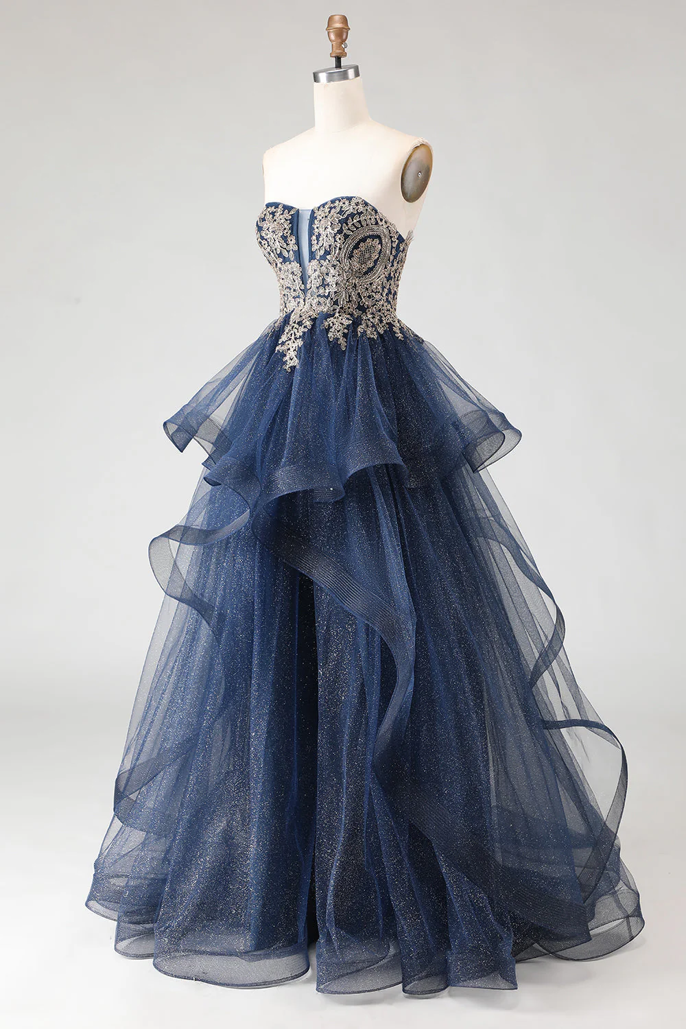 Glitter Navy A Line Strapless Applique Long Prom Dress with Spiral Ruffles - Image 3
