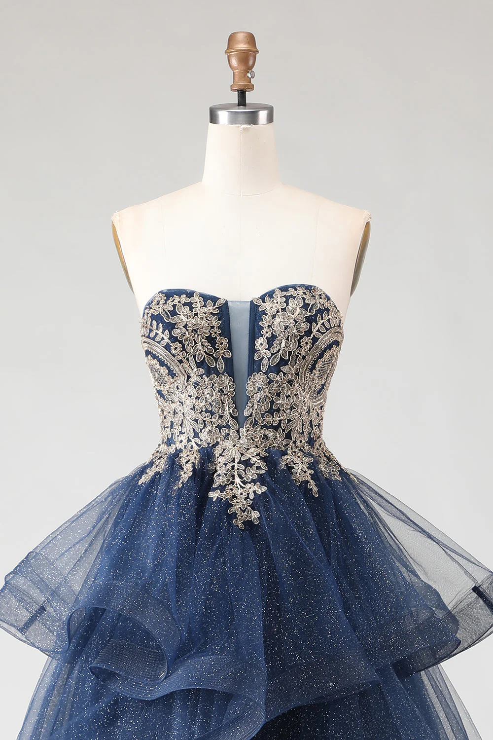 Glitter Navy A Line Strapless Applique Long Prom Dress with Spiral Ruffles - Image 4