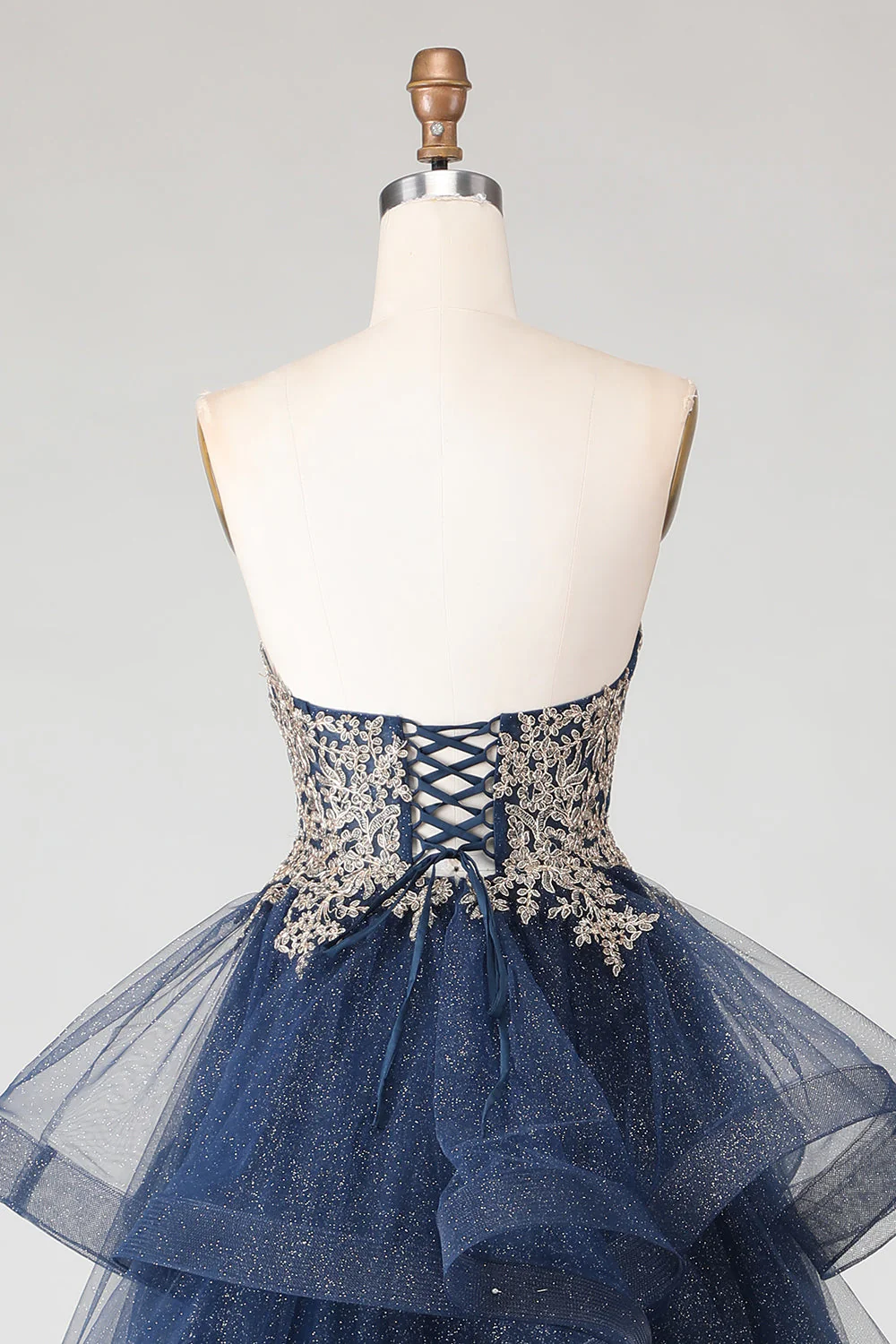 Glitter Navy A Line Strapless Applique Long Prom Dress with Spiral Ruffles - Image 5