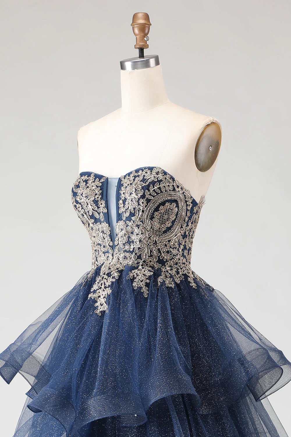 Glitter Navy A Line Strapless Applique Long Prom Dress with Spiral Ruffles - Image 6