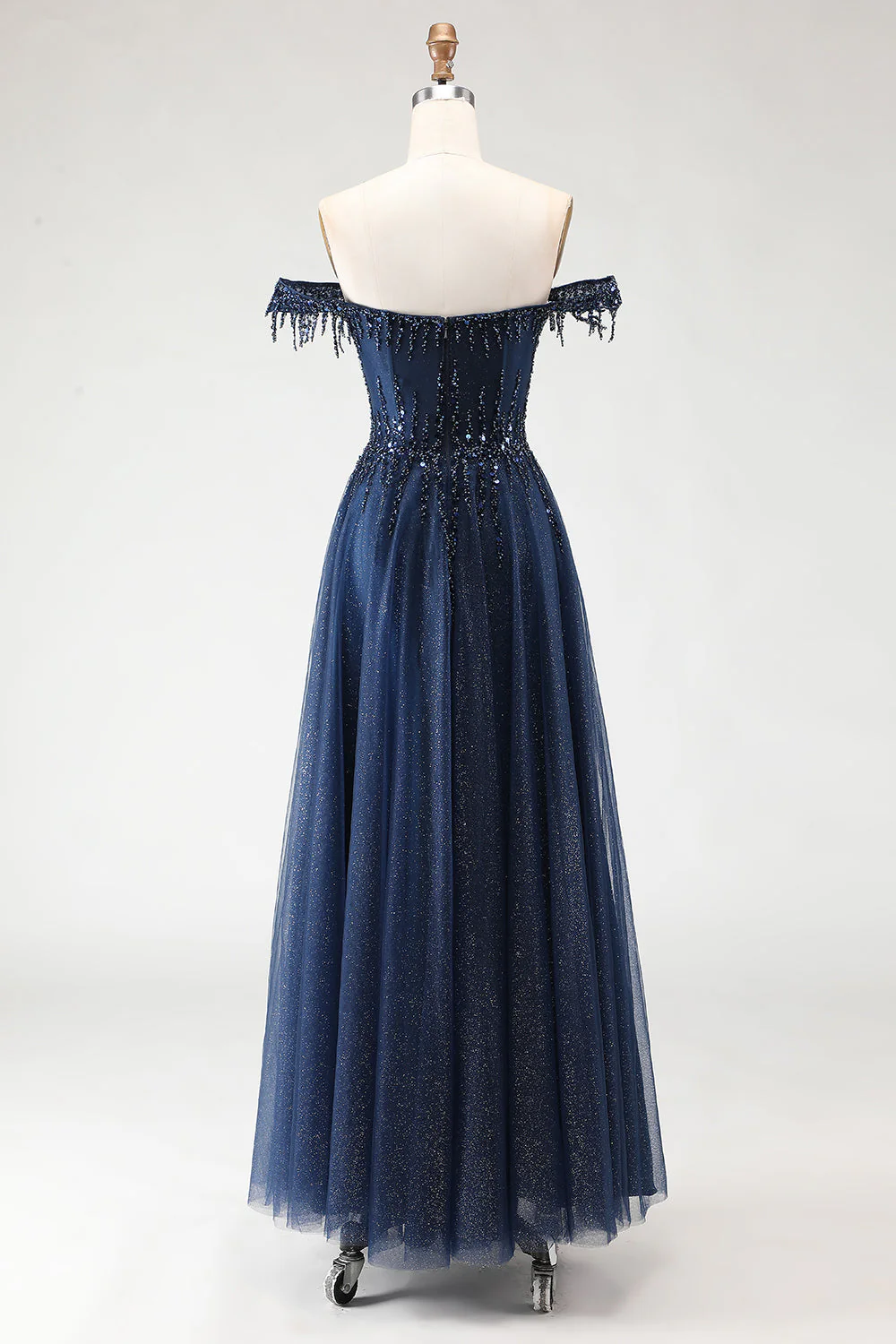 Glitter Off the Shoulder A Line Beaded Corset Long Prom Dress - Image 2