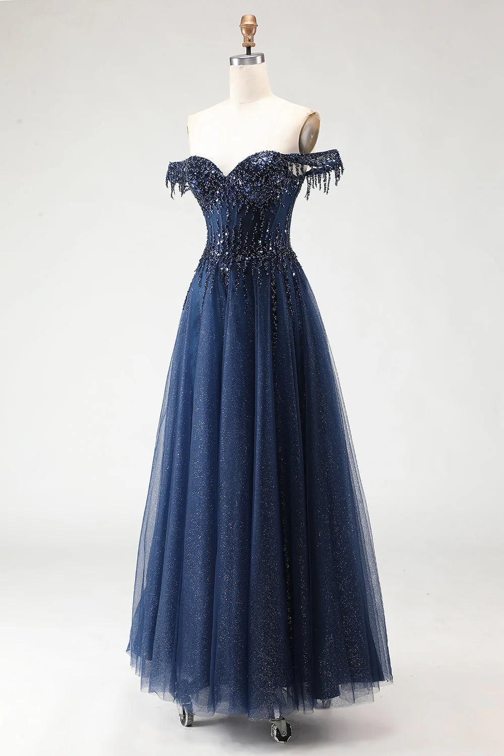 Glitter Off the Shoulder A Line Beaded Corset Long Prom Dress - Image 3