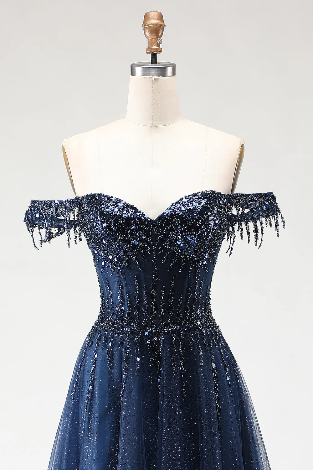 Glitter Off the Shoulder A Line Beaded Corset Long Prom Dress - Image 4