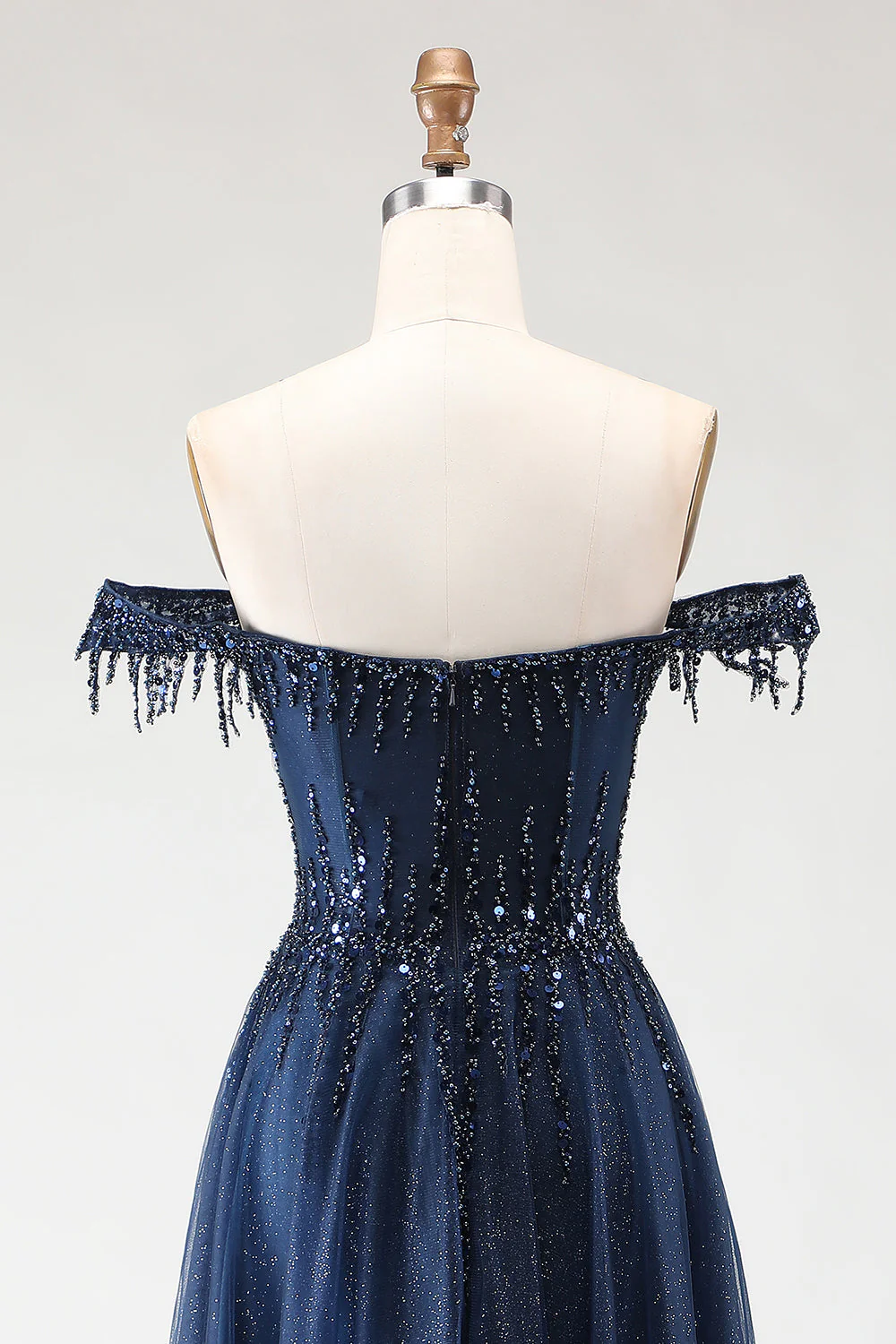 Glitter Off the Shoulder A Line Beaded Corset Long Prom Dress - Image 5