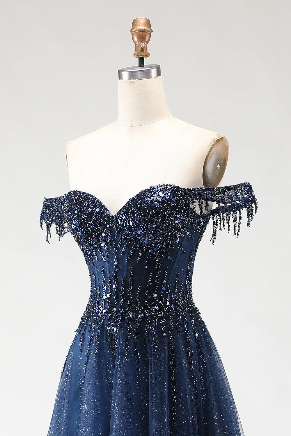 Glitter Off the Shoulder A Line Beaded Corset Long Prom Dress - Image 6