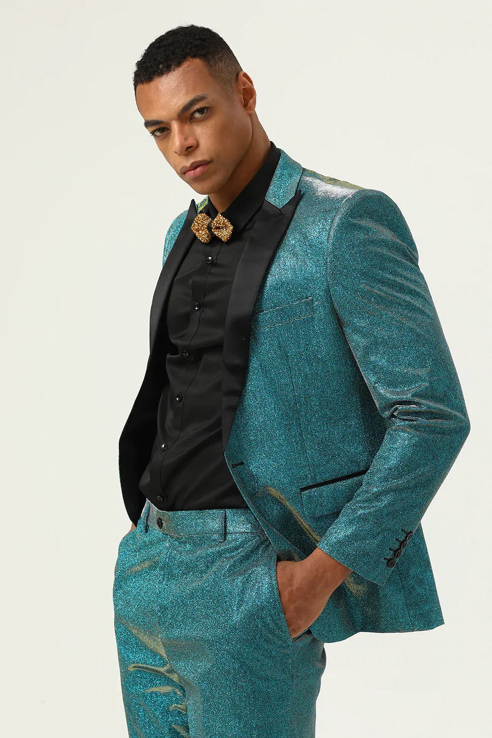 Glitter Peacock Blue Peak Lapel 2 Piece Men's Suits - Image 3