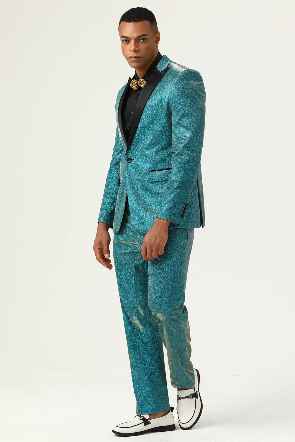 Glitter Peacock Blue Peak Lapel 2 Piece Men's Suits - Image 6