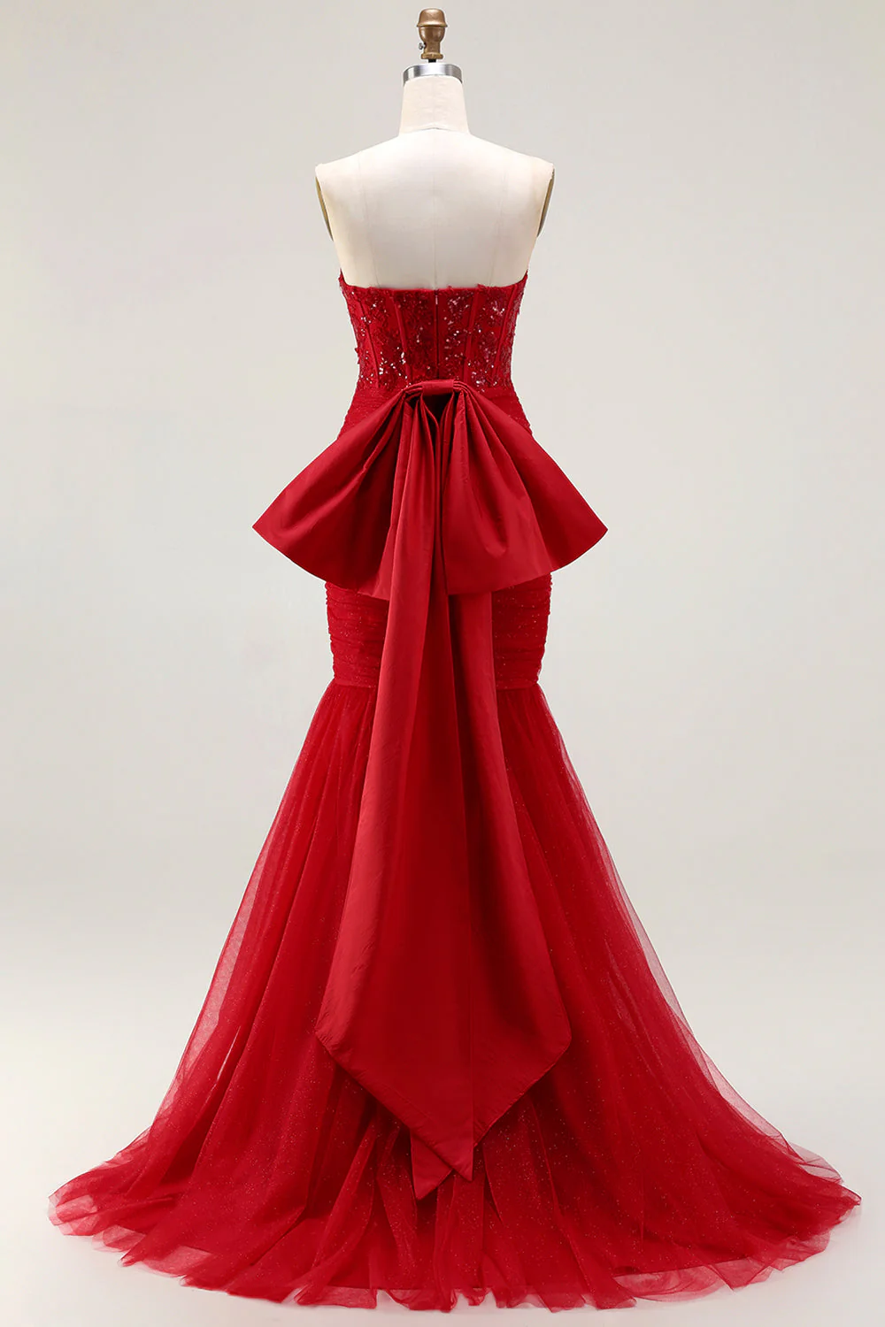 Glitter Red Mermaid Sweetheart Corset Sequin Ruched Long Prom Dress with Bow - Image 2