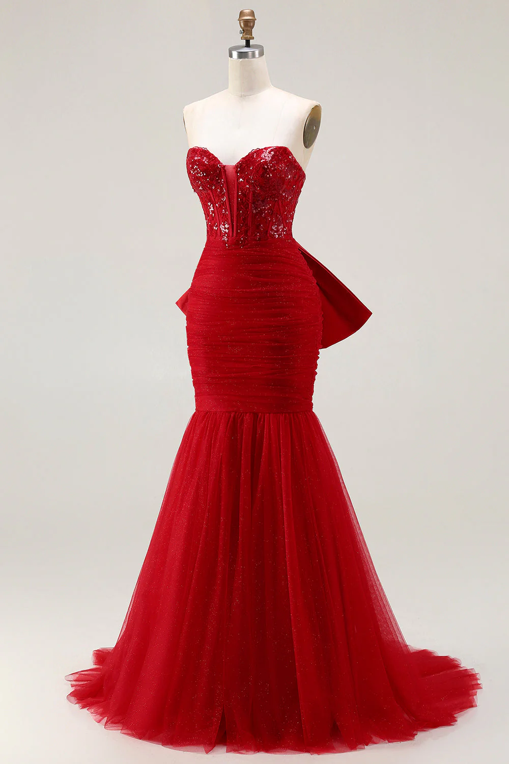 Glitter Red Mermaid Sweetheart Corset Sequin Ruched Long Prom Dress with Bow - Image 3