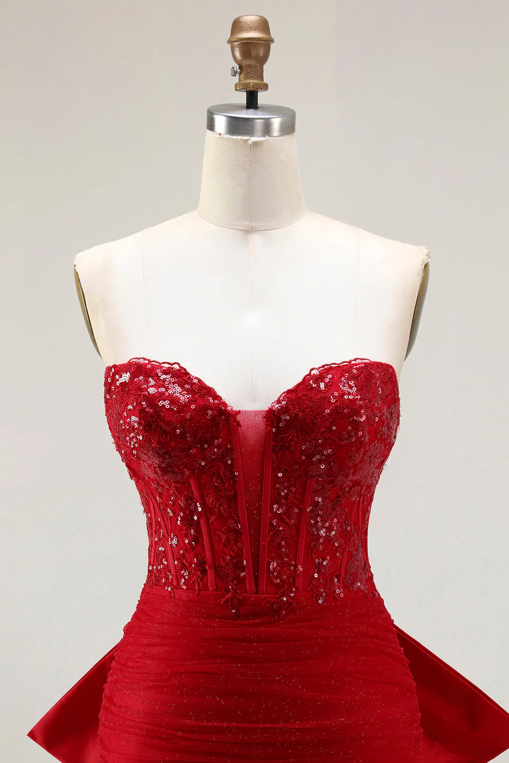 Glitter Red Mermaid Sweetheart Corset Sequin Ruched Long Prom Dress with Bow - Image 4