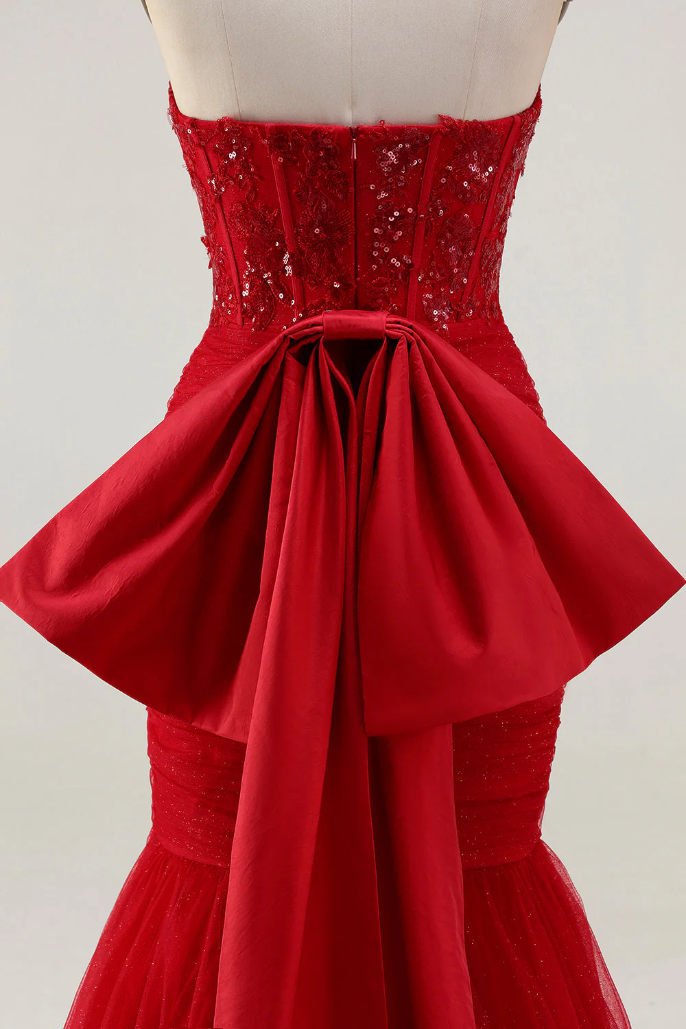 Glitter Red Mermaid Sweetheart Corset Sequin Ruched Long Prom Dress with Bow - Image 5