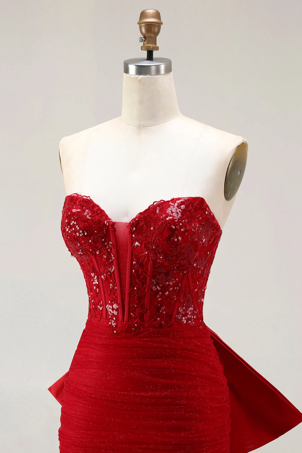 Glitter Red Mermaid Sweetheart Corset Sequin Ruched Long Prom Dress with Bow - Image 6