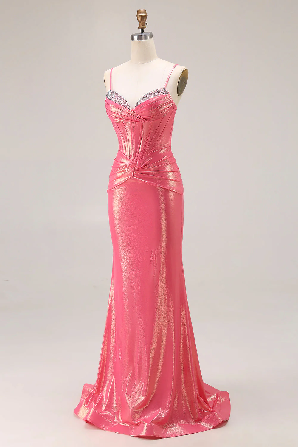 Glitter Watermelon Mermaid Pleated Corset Long Prom Dress With Beading - Image 3