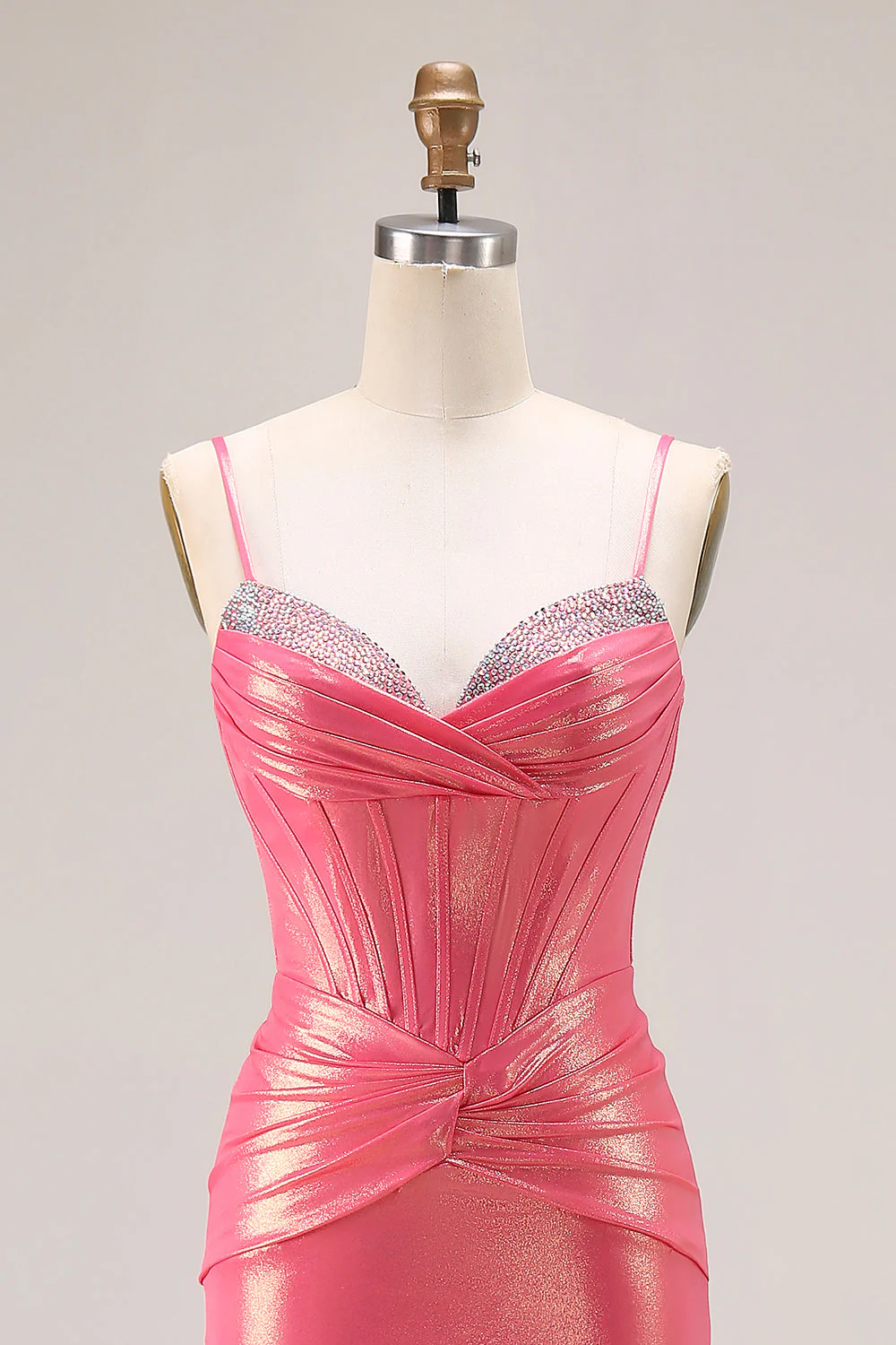 Glitter Watermelon Mermaid Pleated Corset Long Prom Dress With Beading - Image 4